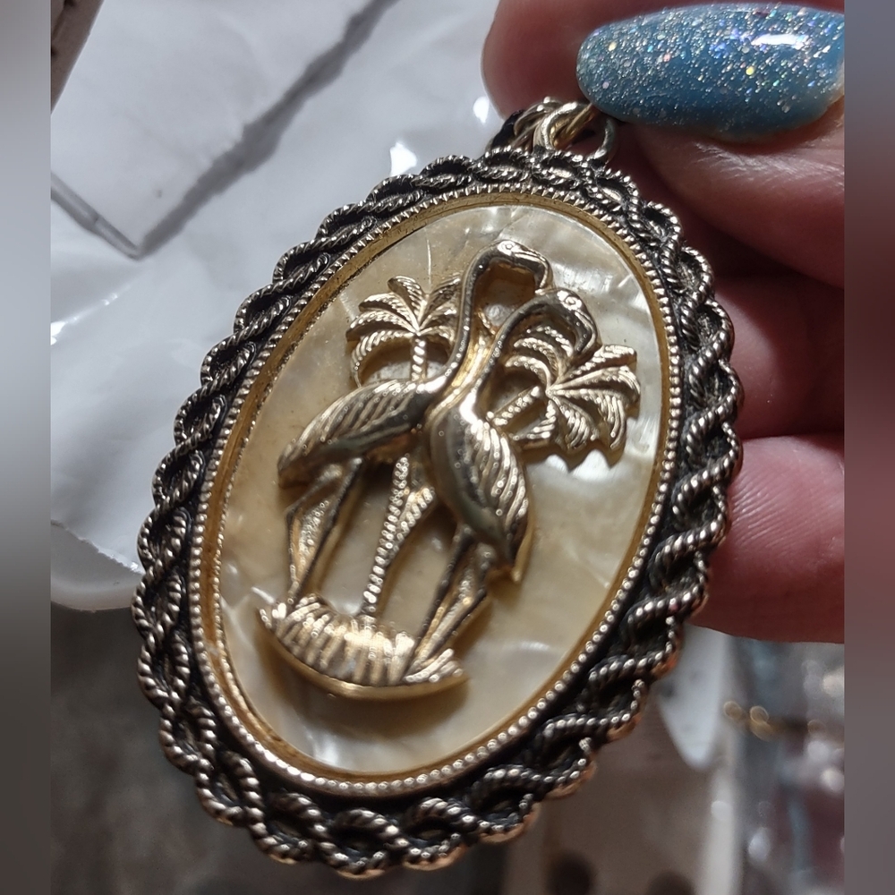 Flamingos in the Palms Oval Pendant & Chain - Picture 3 of 7